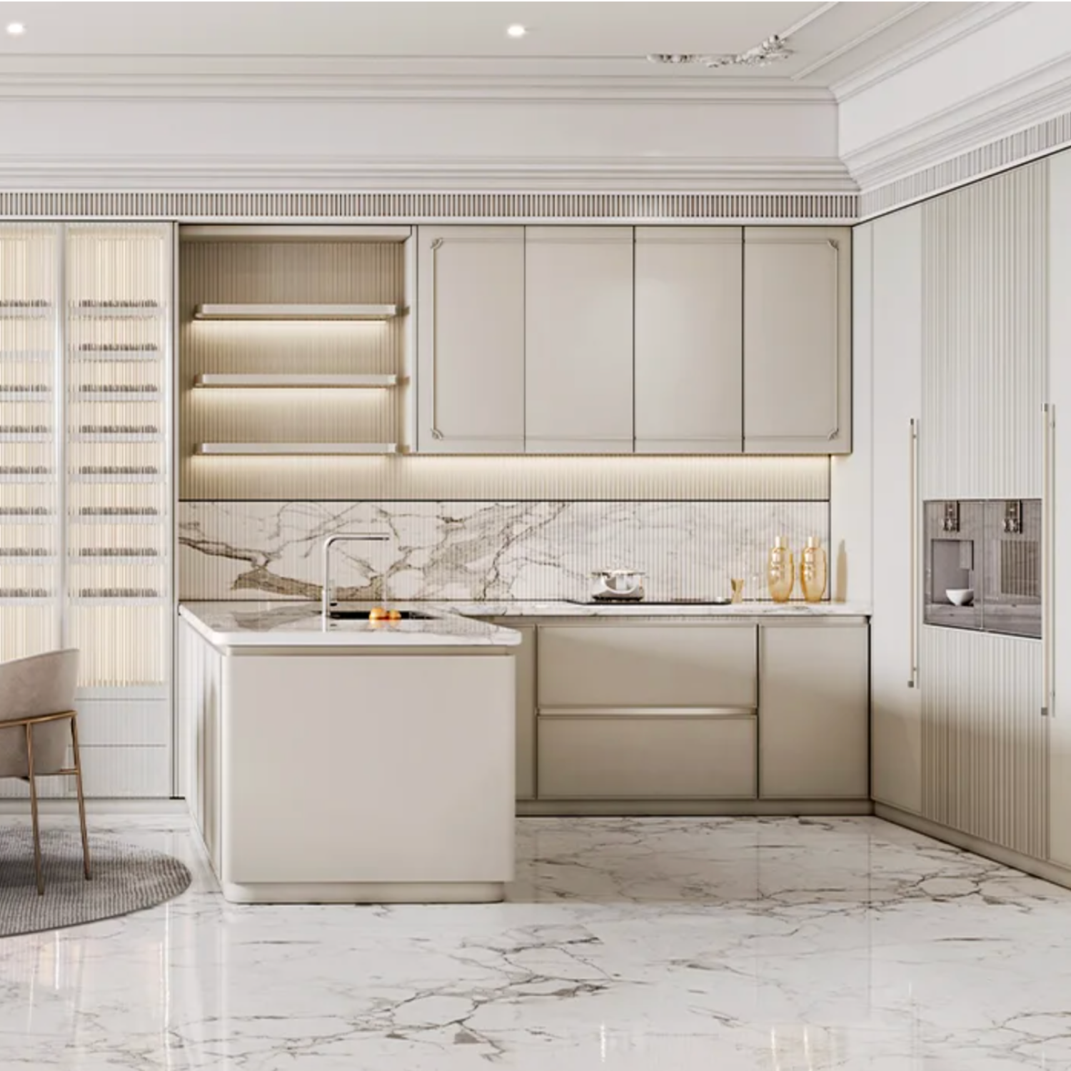 Kitchen with fluted panel island, Carrara White backsplash, and custom trim package, Blue Mountain Beach